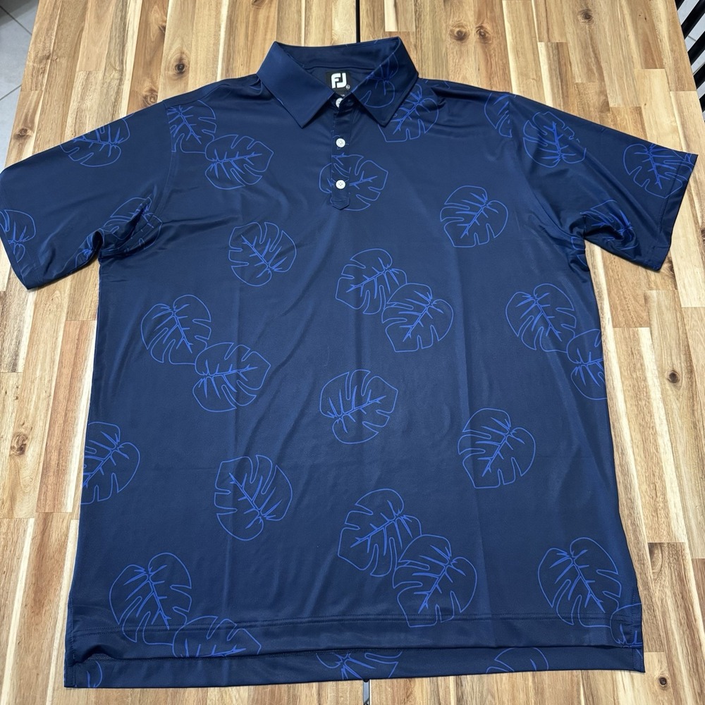 Footjoy Polo Shirt Mens XL Blue Jungle Leaf Print Lisle Performance Golf Shirt